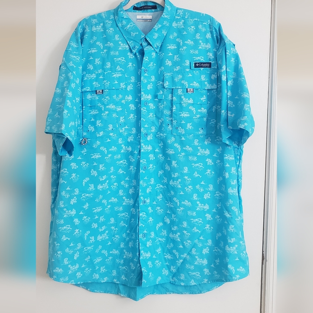 Columbia Men's Turquoise Patterned Button Down Shirt XL White Tropical/mermaids